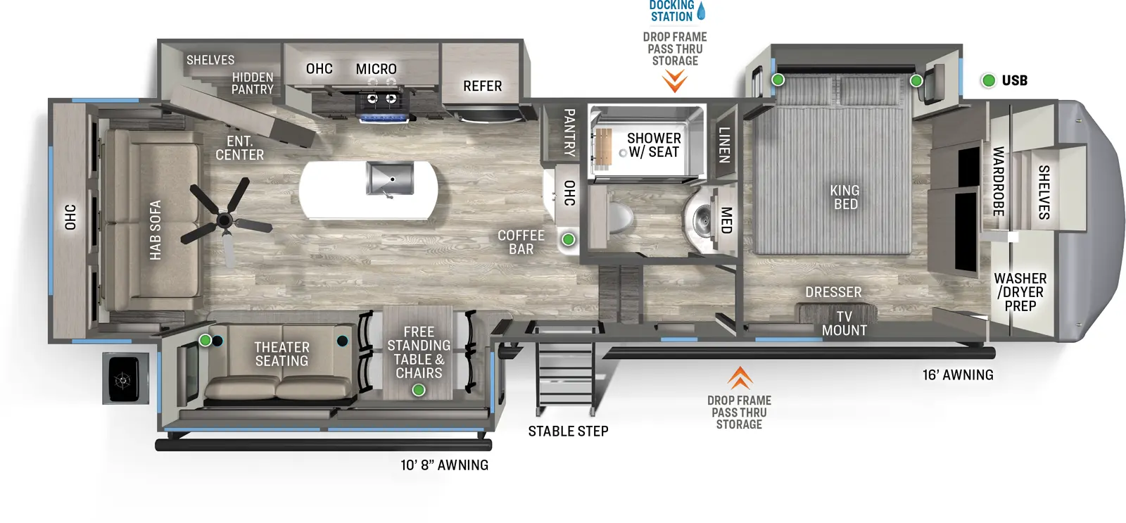 The 3370RLS has three slideouts and one entry. Exterior features a 10 foot 8 inch awning, a 16 foot awning, pass-through storage, docking station, and stable step entry. Interior layout front to back: wardrobe with shelves and washer/dryer prep, off-door side king bed slideout, door side dresser with TV mount, and linen closet; off-door side full bathroom with medicine cabinet; steps down to entry and main living area; coffee bar, overhead cabinets and pantry along inner wall; off-door side slideout with refrigerator, microwave, overhead cabinets, cooktop, and entertainment center with hidden pantry and shelves behind; kitchen island with sink, and paddle fan; door side slideout with free-standing table and chairs, and theater seating; rear hide-a-bed sofa and overhead cabinets.
